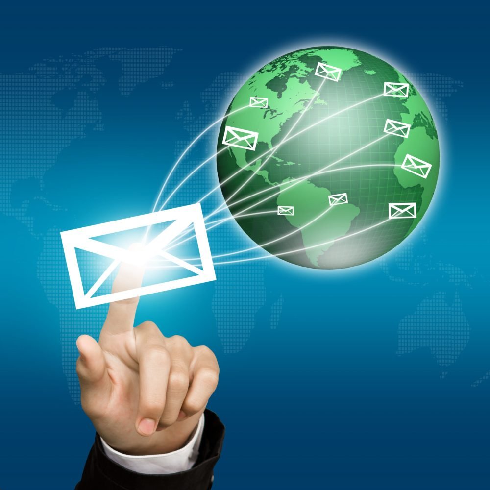 Hands with world mail delivery on world map background Hands with world mail delivery on world map background